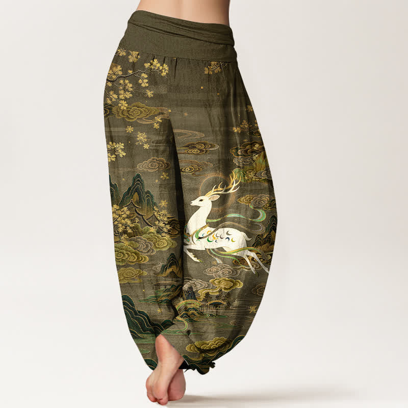 Buddha Stones コットン製、白鹿山柄、レディース用、ウエストゴム入りハーレムパンツ - image 10