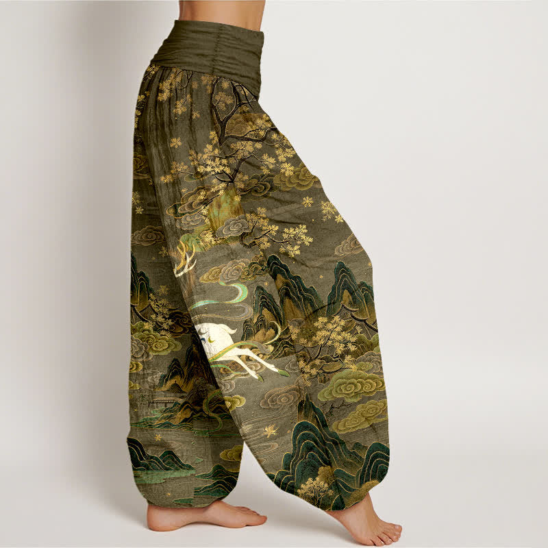 Buddha Stones コットン製、白鹿山柄、レディース用、ウエストゴム入りハーレムパンツ - image 9
