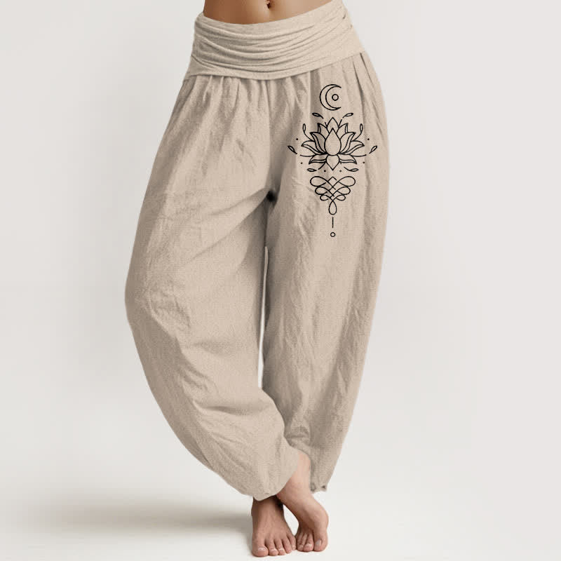 Buddha Stones 純綿白蓮柄レディースゴムウエストハーレムパンツ - タン - US16、 UK/AU20、 EU48 (3XL) - image 11