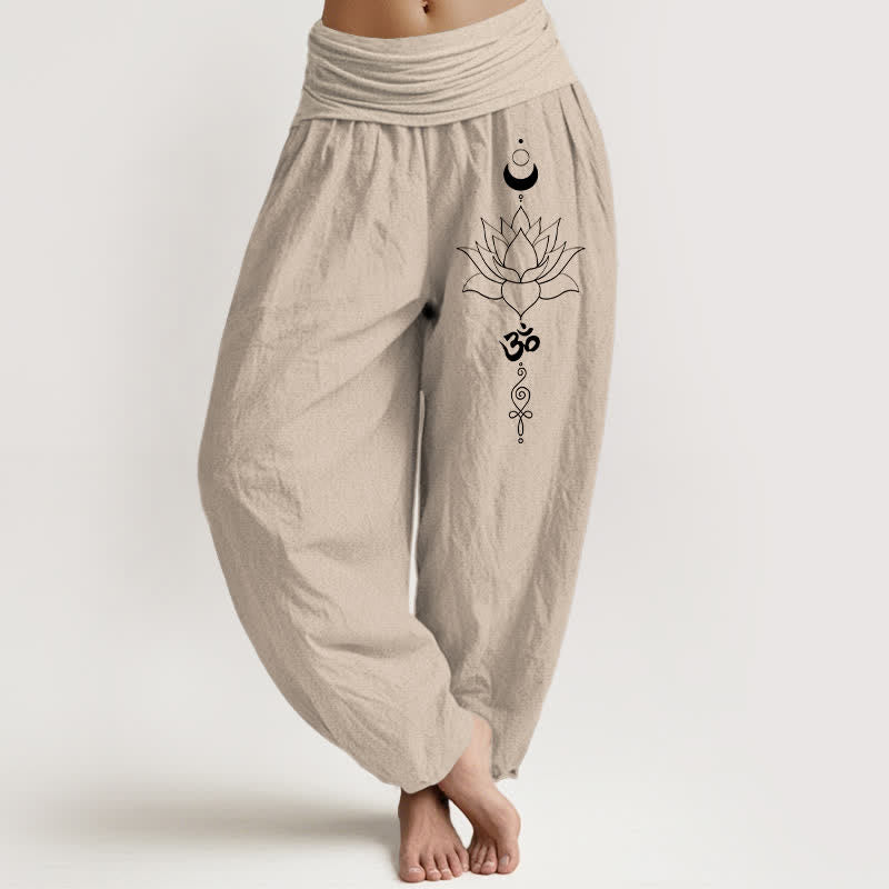 Buddha Stones 純綿ロータスムーンオム柄レディースゴムウエストハーレムパンツ - タン - US16、 UK/AU20、 EU48 (3XL) - image 0