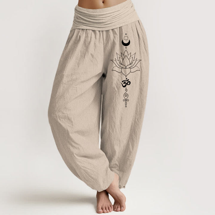 Buddha Stones 純綿ロータスムーンオム柄レディースゴムウエストハーレムパンツ - タン - US16、 UK/AU20、 EU48 (3XL) - image 0