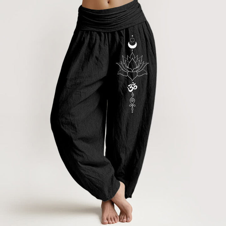 Buddha Stones 純綿ロータスムーンオム柄レディースゴムウエストハーレムパンツ - 黒 - US16、 UK/AU20、 EU48 (3XL) - image 5
