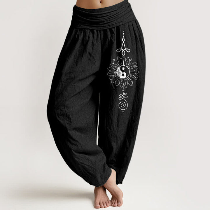 Buddha Stones 純綿ひまわり陰陽柄レディースゴムウエストハーレムパンツ - 黒 - US16、 UK/AU20、 EU48 (3XL) - image 5