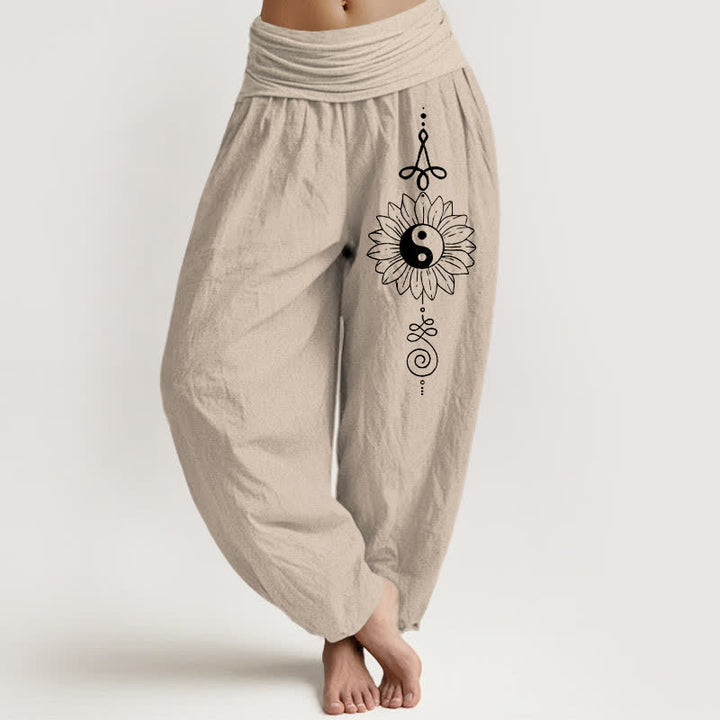 Buddha Stones 純綿ひまわり陰陽柄レディースゴムウエストハーレムパンツ - タン - US16、 UK/AU20、 EU48 (3XL) - image 0
