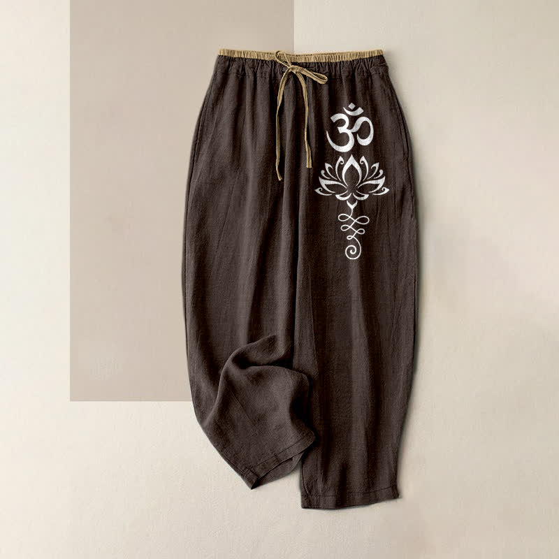 Buddha Stones 純綿素材、禅蓮模様、オム柄、ウエストゴム入り、ポケット付きレディースパンツ - サドルブラウン - US16、 UK/AU20、 EU48 (3XL) - image 0
