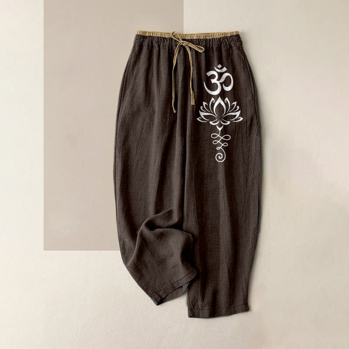 Buddha Stones 純綿素材、禅蓮模様、オム柄、ウエストゴム入り、ポケット付きレディースパンツ - サドルブラウン - US16、 UK/AU20、 EU48 (3XL) - image 0
