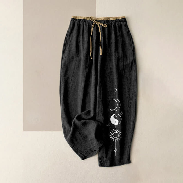 Buddha Stones 純綿素材、天体陰陽入り、ポケット付きレディースパンツ - 黒 - US16、 UK/AU20、 EU48 (3XL) - image 0