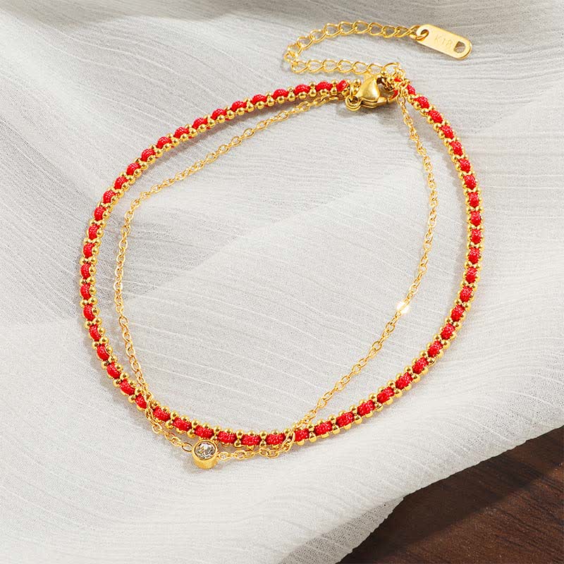 Buddha Stones チタン鋼製赤紐フェイスダブルラップアンクレット - image 1