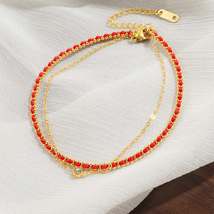Buddha Stones チタン鋼製赤紐フェイスダブルラップアンクレット - image 1