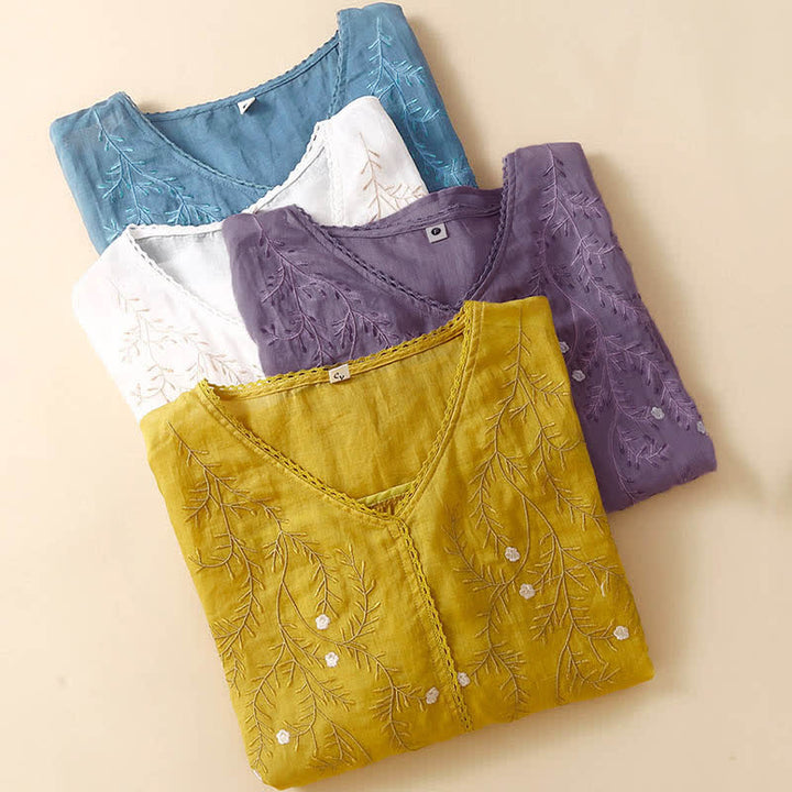 Buddha Stones夏用 カジュアル 花枝刺繍模様 Vネック 半袖 レディース Tシャツ - image 8