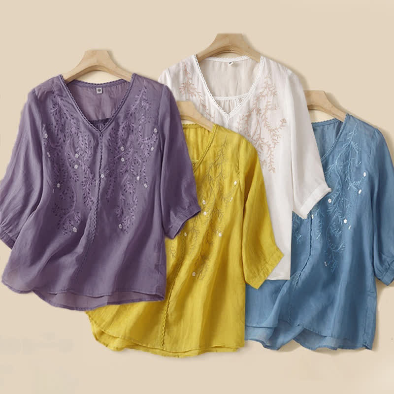 Buddha Stones夏用 カジュアル 花枝刺繍模様 Vネック 半袖 レディース Tシャツ - image 7