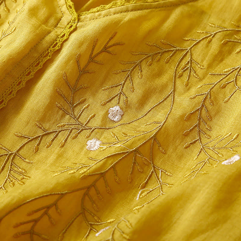 Buddha Stones夏用 カジュアル 花枝刺繍模様 Vネック 半袖 レディース Tシャツ - image 2