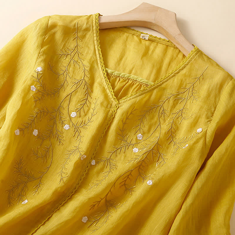 Buddha Stones夏用 カジュアル 花枝刺繍模様 Vネック 半袖 レディース Tシャツ - image 1