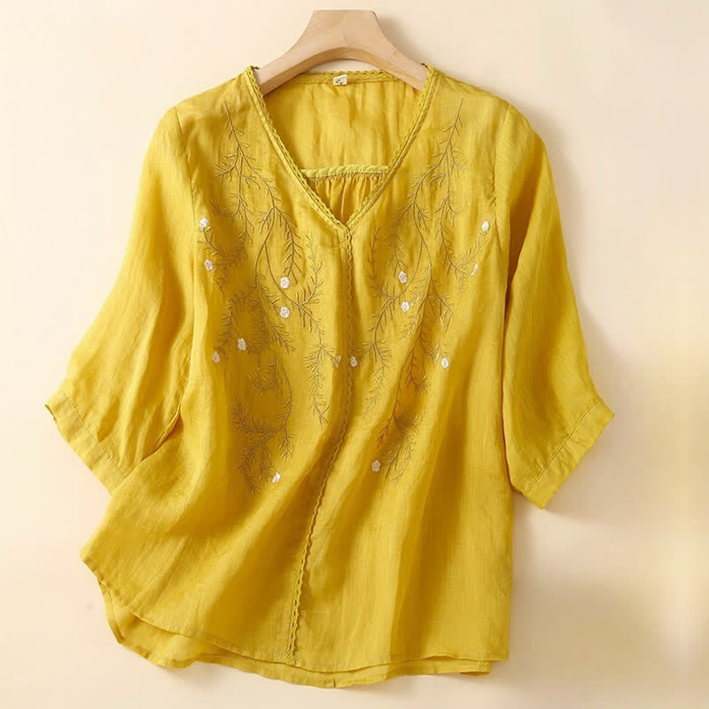 Buddha Stones夏用 カジュアル 花枝刺繍模様 Vネック 半袖 レディース Tシャツ - 金 - US8-10，UK/AU12-14，EU40-42 (2XL) - image 0