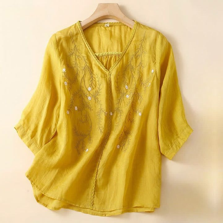 Buddha Stones夏用 カジュアル 花枝刺繍模様 Vネック 半袖 レディース Tシャツ - 金 - US8-10，UK/AU12-14，EU40-42 (2XL) - image 0