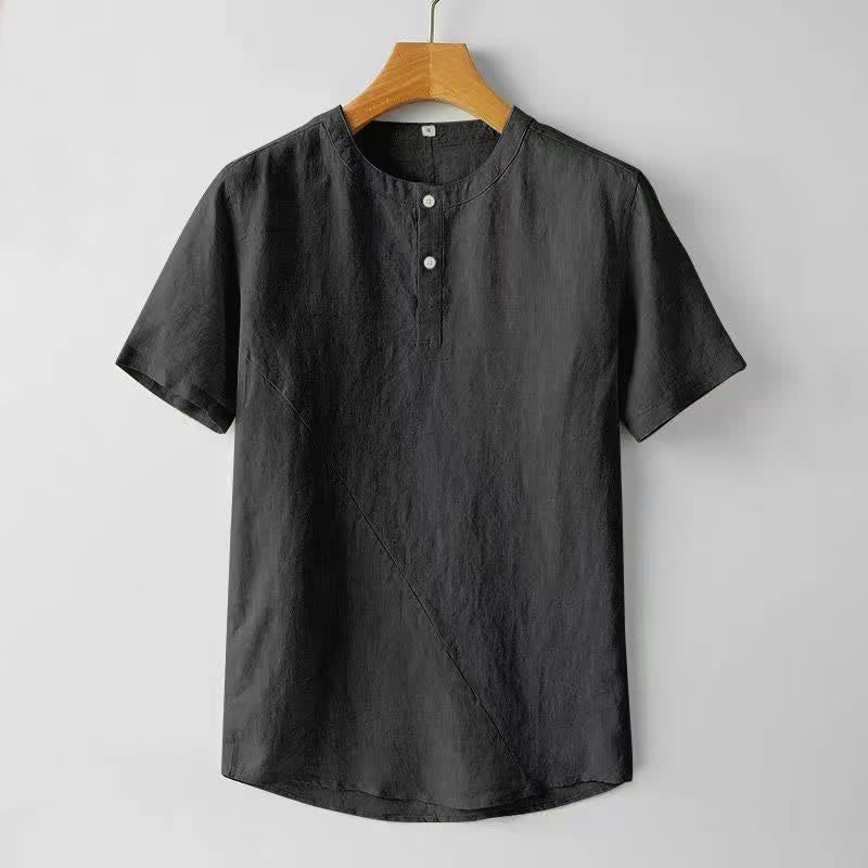 Buddha Stones無地半袖ボタン2つ付きポリエステルリネンメンズシャツ - 黒 - US/UK/AU44、 EU54 (4XL) - image 3