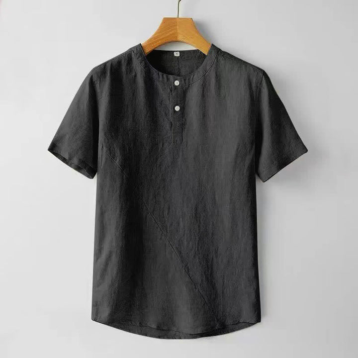 Buddha Stones無地半袖ボタン2つ付きポリエステルリネンメンズシャツ - 黒 - US/UK/AU44、 EU54 (4XL) - image 3