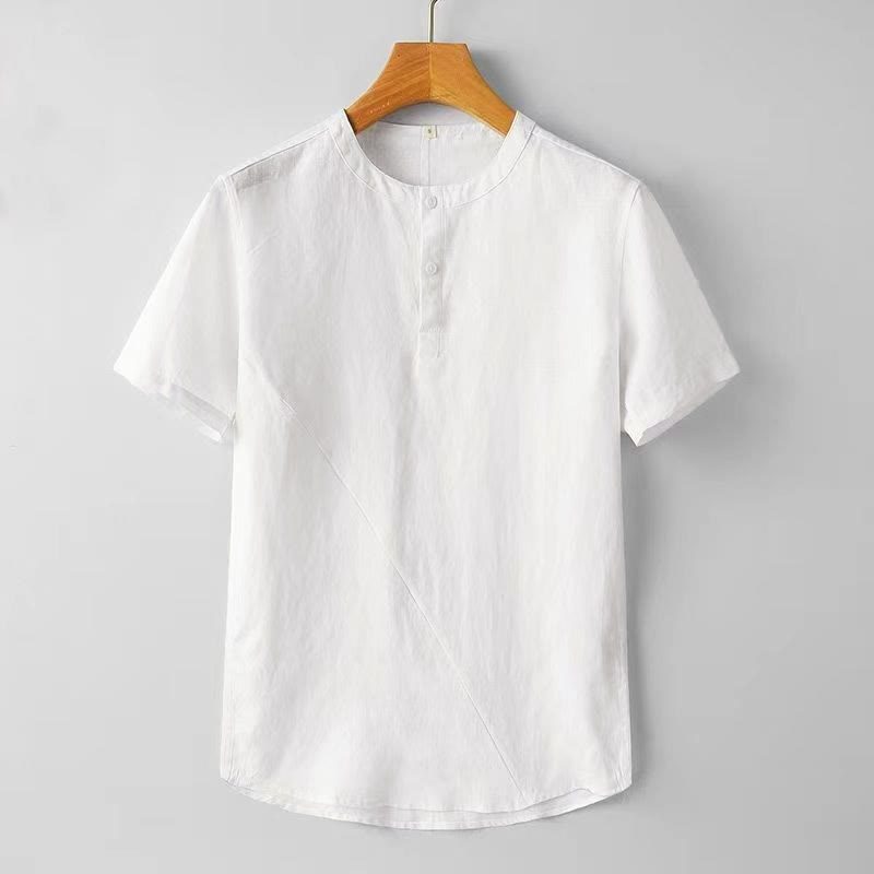 Buddha Stones無地半袖ボタン2つ付きポリエステルリネンメンズシャツ - 白 - US/UK/AU44、 EU54 (4XL) - image 1