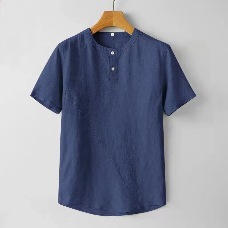 Buddha Stones無地半袖ボタン2つ付きポリエステルリネンメンズシャツ - ダークブルー - US/UK/AU44、 EU54 (4XL) - image 0