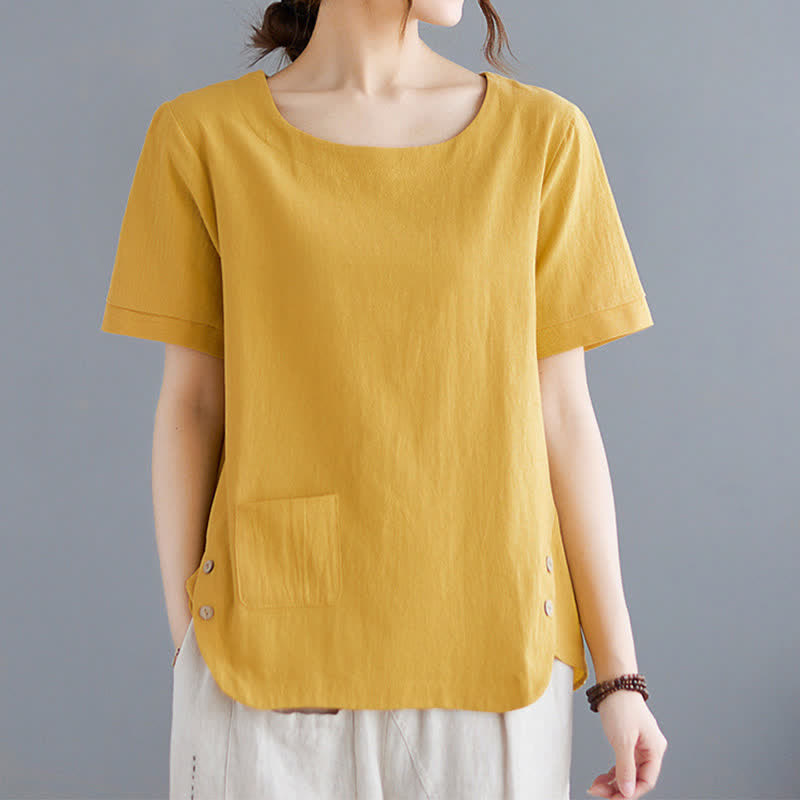 Buddha Stonesサイドスリットデザイン レディース コットンポリエステル クルーネック 半袖Tシャツ ポケット付き - image 1