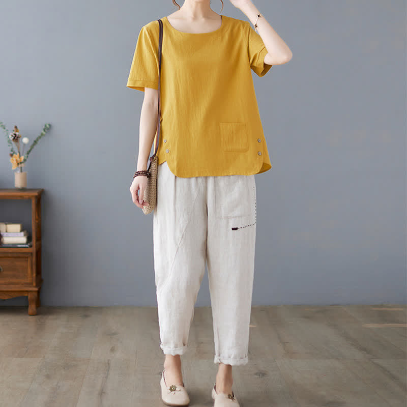 Buddha Stonesサイドスリットデザイン レディース コットンポリエステル クルーネック 半袖Tシャツ ポケット付き - image 4