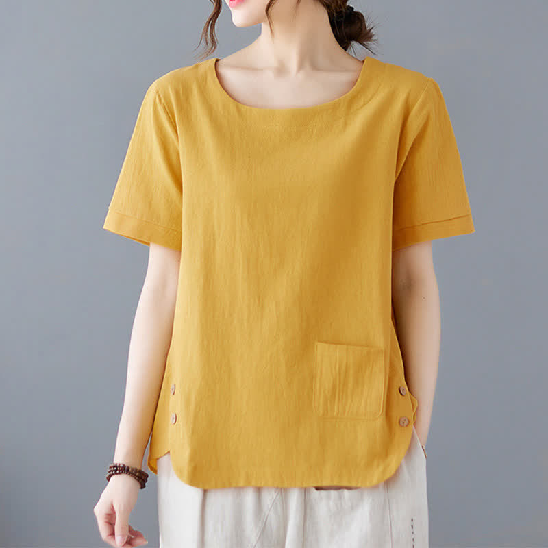 Buddha Stonesサイドスリットデザイン レディース コットンポリエステル クルーネック 半袖Tシャツ ポケット付き - 黄色 - US14、 UK/AU18、 EU46 (4XL) - image 0