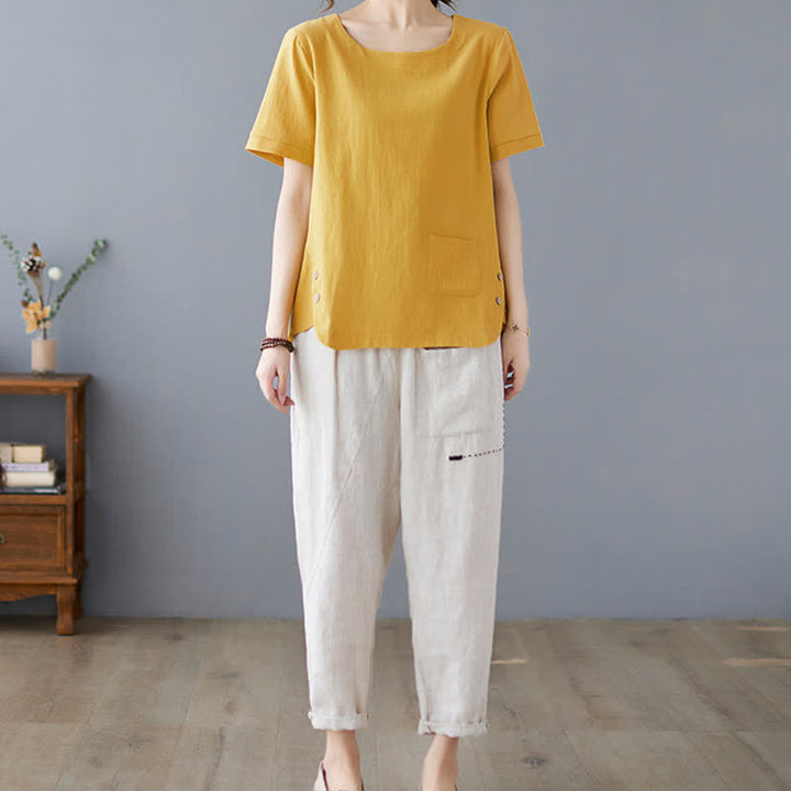 Buddha Stonesサイドスリットデザイン レディース コットンポリエステル クルーネック 半袖Tシャツ ポケット付き - image 6