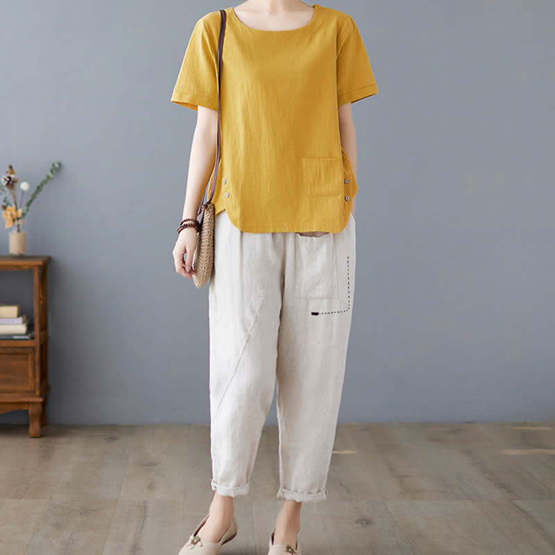Buddha Stonesサイドスリットデザイン レディース コットンポリエステル クルーネック 半袖Tシャツ ポケット付き - image 5
