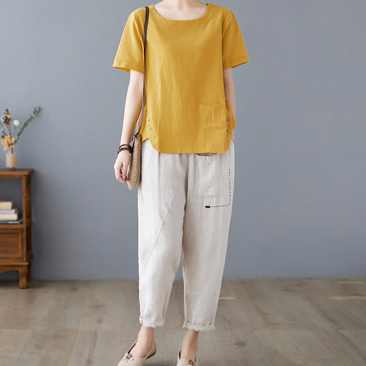 Buddha Stonesサイドスリットデザイン レディース コットンポリエステル クルーネック 半袖Tシャツ ポケット付き - image 5
