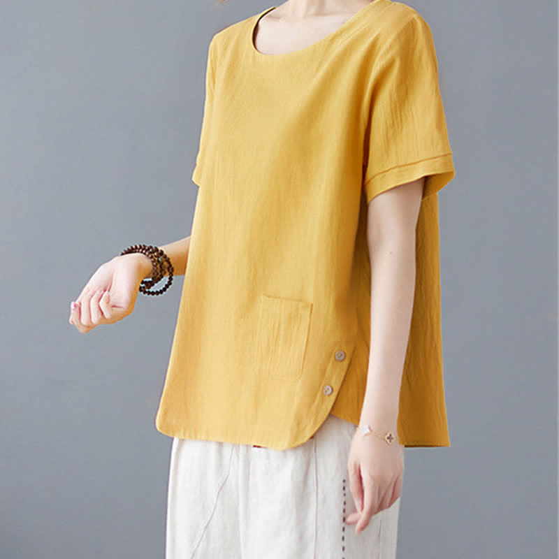 Buddha Stonesサイドスリットデザイン レディース コットンポリエステル クルーネック 半袖Tシャツ ポケット付き - image 2