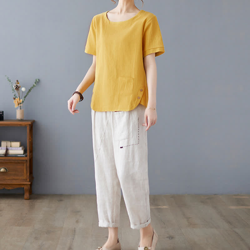 Buddha Stonesサイドスリットデザイン レディース コットンポリエステル クルーネック 半袖Tシャツ ポケット付き - image 7