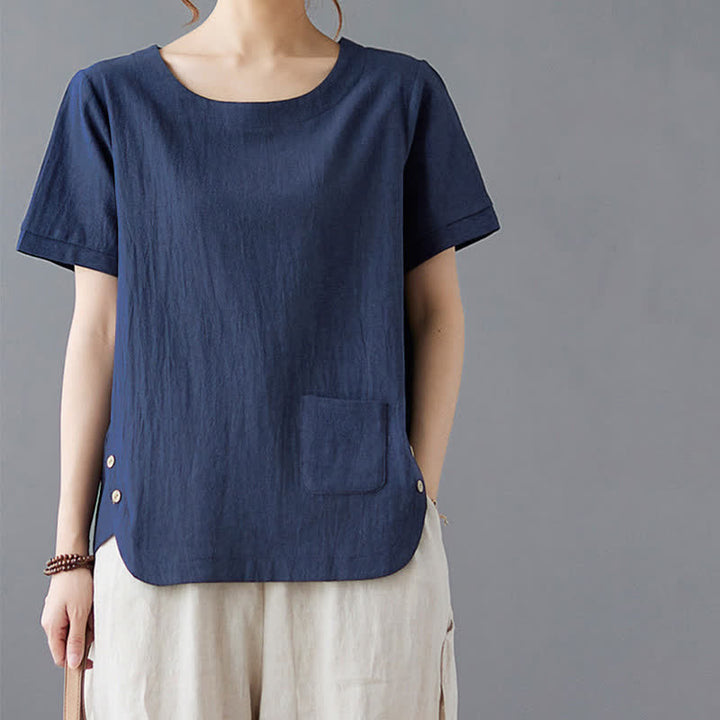 Buddha Stonesサイドスリットデザイン レディース コットンポリエステル クルーネック 半袖Tシャツ ポケット付き - image 20