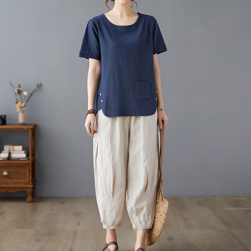 Buddha Stonesサイドスリットデザイン レディース コットンポリエステル クルーネック 半袖Tシャツ ポケット付き - image 23