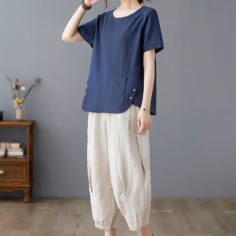 Buddha Stonesサイドスリットデザイン レディース コットンポリエステル クルーネック 半袖Tシャツ ポケット付き - image 24