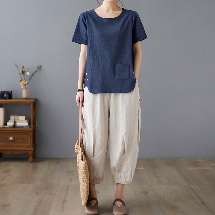 Buddha Stonesサイドスリットデザイン レディース コットンポリエステル クルーネック 半袖Tシャツ ポケット付き - image 22