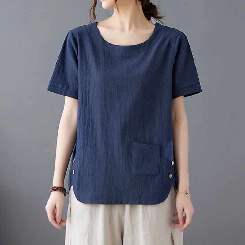 Buddha Stonesサイドスリットデザイン レディース コットンポリエステル クルーネック 半袖Tシャツ ポケット付き - image 21