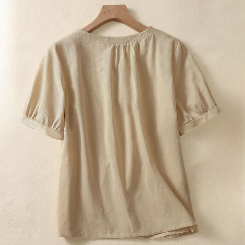 Buddha Stonesカジュアル レディース 無地 クルーネック ボタンデザイン ハーフスリーブ リネンシャツ - image 1