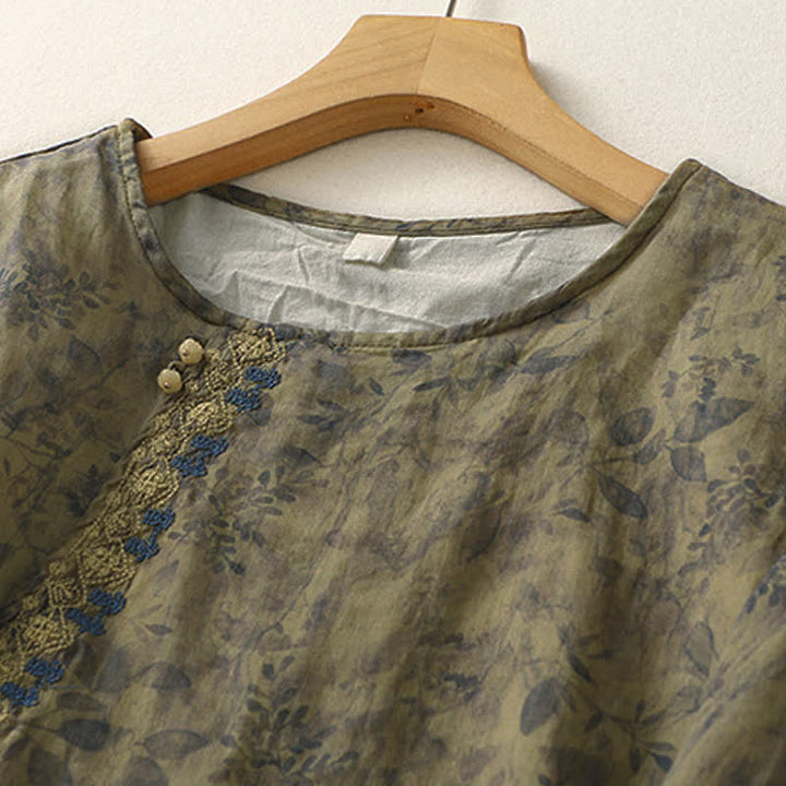 Buddha Stones刺繍デザイン 葉っぱ柄 レディース 七分袖シャツ - image 15