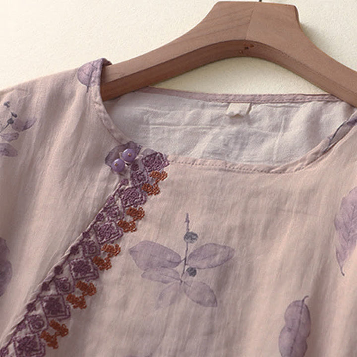 Buddha Stones刺繍デザイン 葉っぱ柄 レディース 七分袖シャツ - image 3