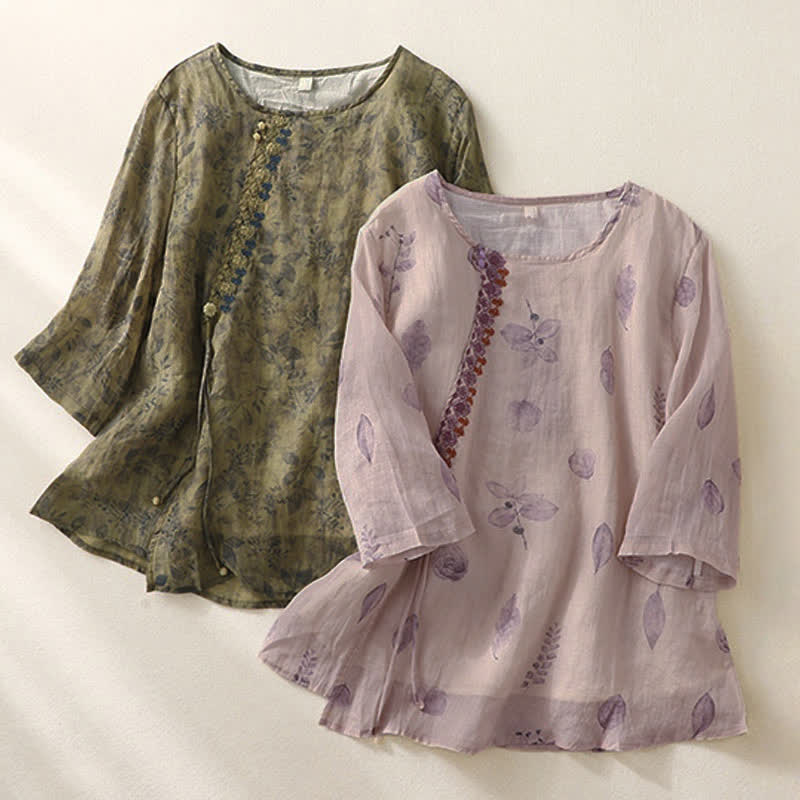 Buddha Stones刺繍デザイン 葉っぱ柄 レディース 七分袖シャツ - image 20