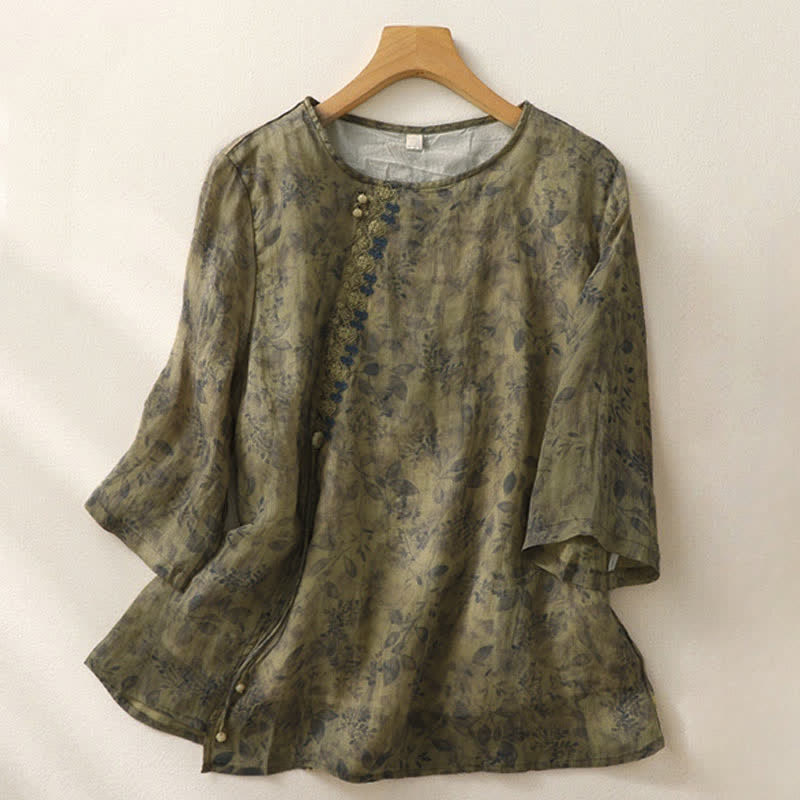 Buddha Stones刺繍デザイン 葉っぱ柄 レディース 七分袖シャツ - オリーブドラブ - US12、 UK/AU16、 EU44 (2XL) - image 14