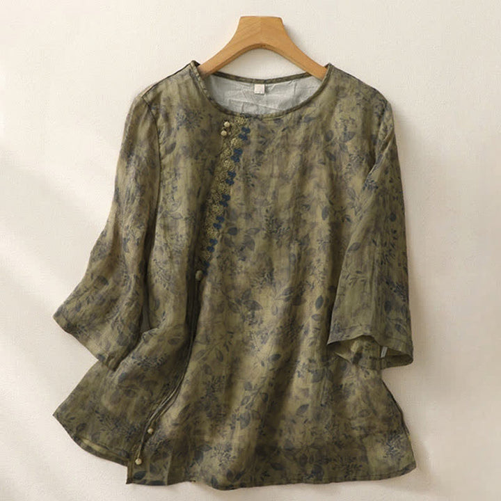 Buddha Stones刺繍デザイン 葉っぱ柄 レディース 七分袖シャツ - オリーブドラブ - US12、 UK/AU16、 EU44 (2XL) - image 14