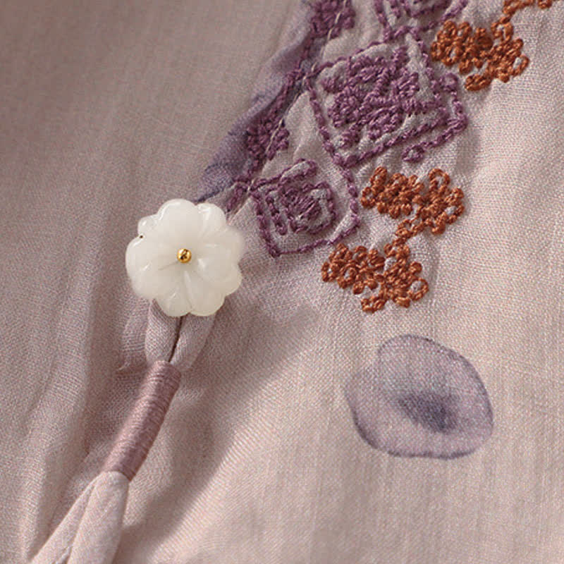 Buddha Stones刺繍デザイン 葉っぱ柄 レディース 七分袖シャツ - image 7