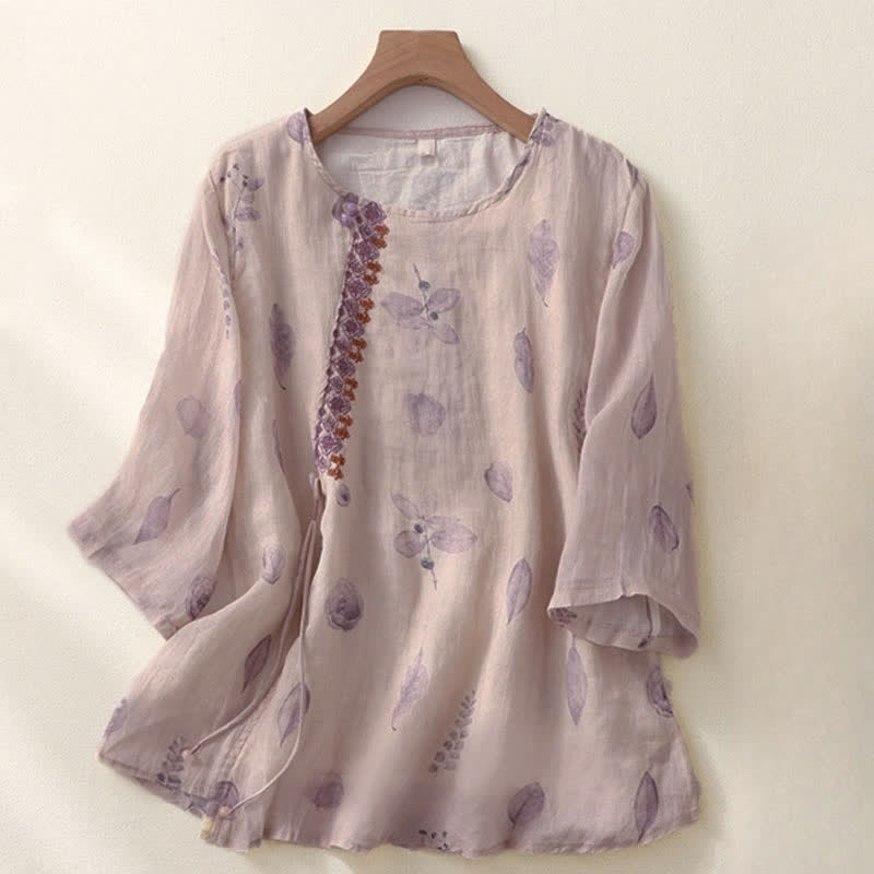 Buddha Stones刺繍デザイン 葉っぱ柄 レディース 七分袖シャツ - アザミ - US12、 UK/AU16、 EU44 (2XL) - image 0