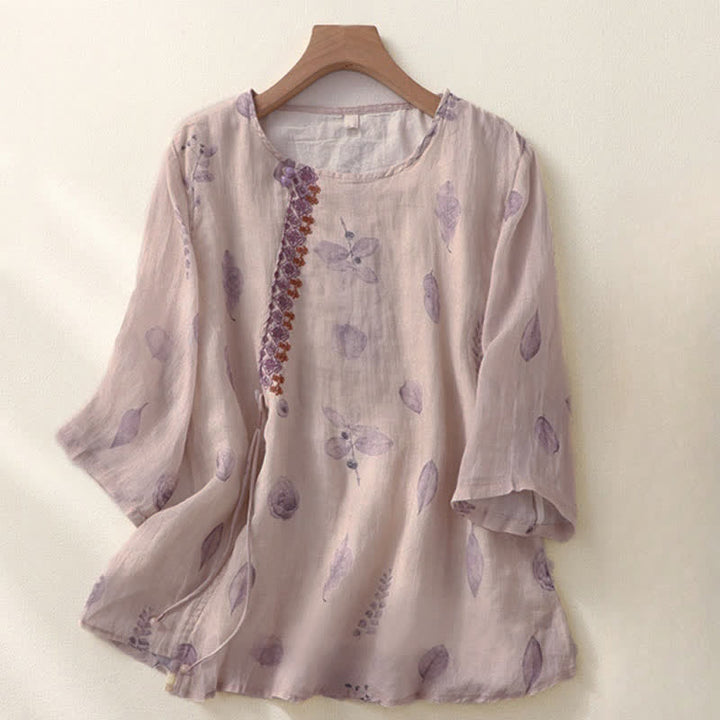 Buddha Stones刺繍デザイン 葉っぱ柄 レディース 七分袖シャツ - アザミ - US12、 UK/AU16、 EU44 (2XL) - image 0