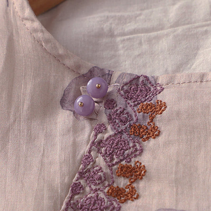Buddha Stones刺繍デザイン 葉っぱ柄 レディース 七分袖シャツ - image 6