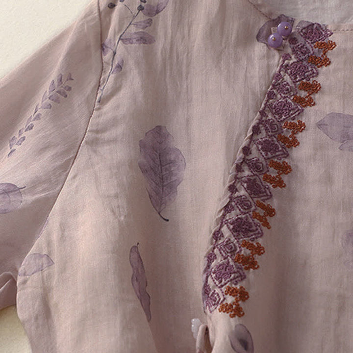 Buddha Stones刺繍デザイン 葉っぱ柄 レディース 七分袖シャツ - image 5