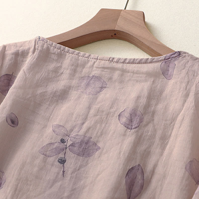 Buddha Stones刺繍デザイン 葉っぱ柄 レディース 七分袖シャツ - image 4