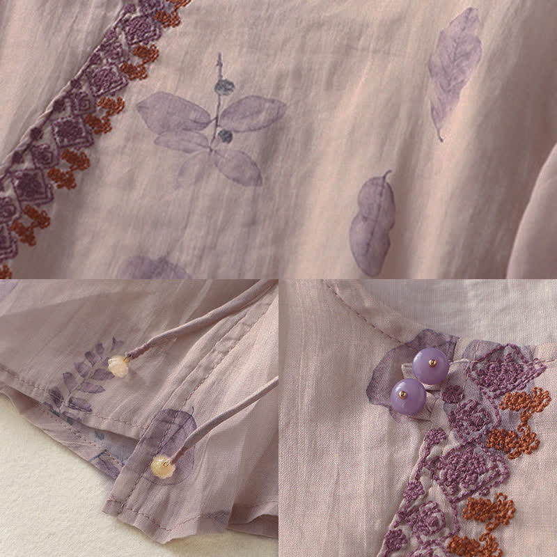 Buddha Stones刺繍デザイン 葉っぱ柄 レディース 七分袖シャツ - image 11