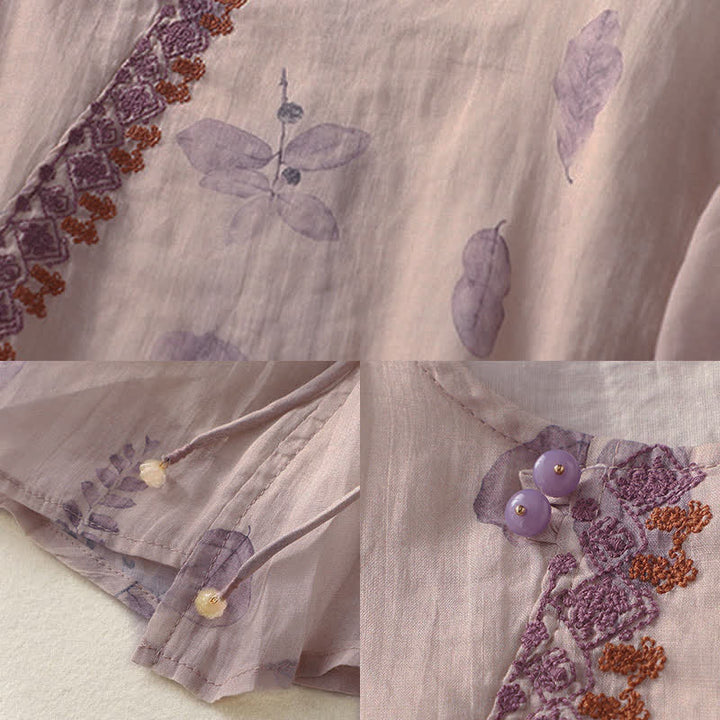 Buddha Stones刺繍デザイン 葉っぱ柄 レディース 七分袖シャツ - image 11